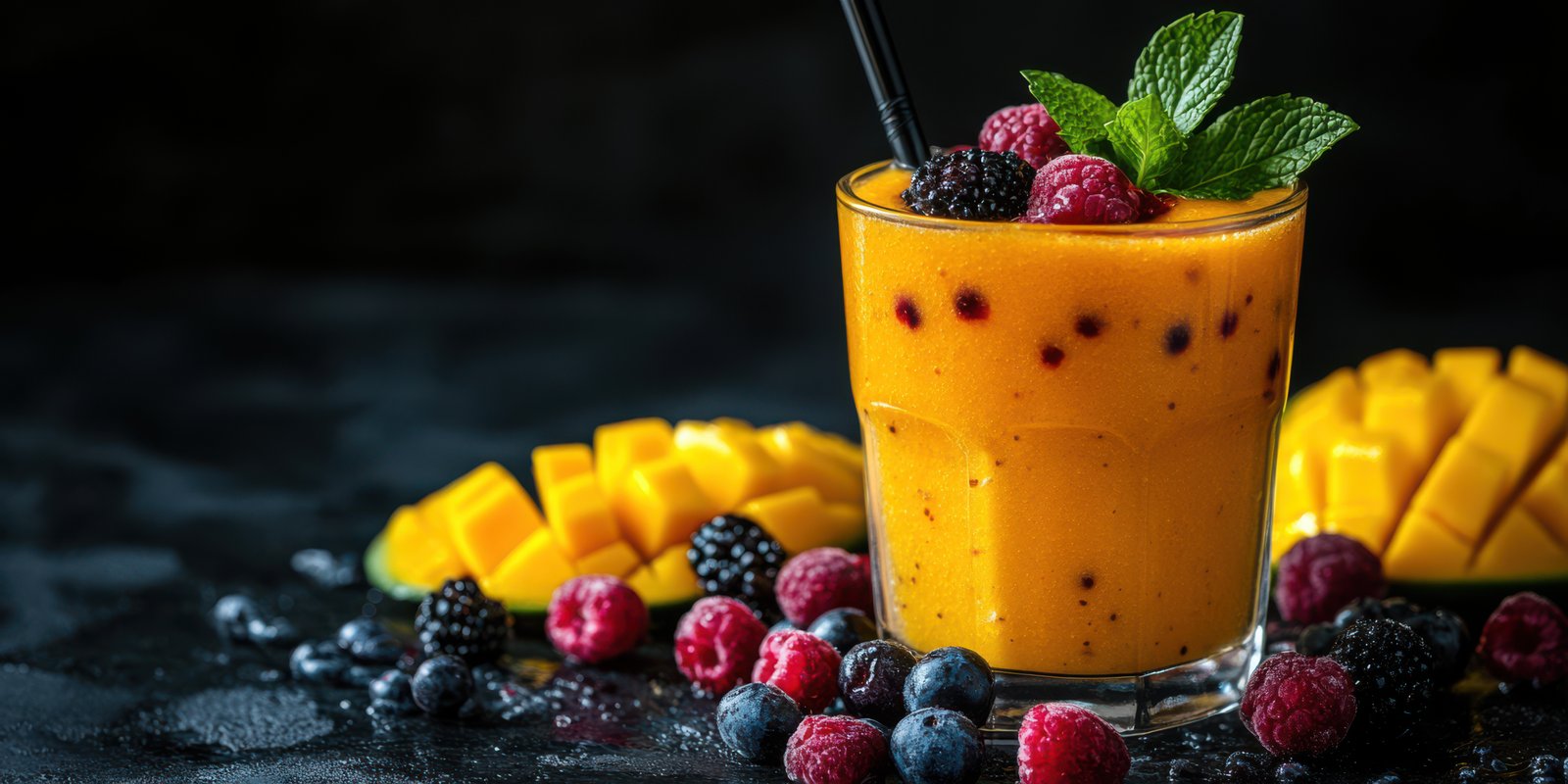 Fresh fruit smoothie with mango, berries, and mint garnished on a dark background